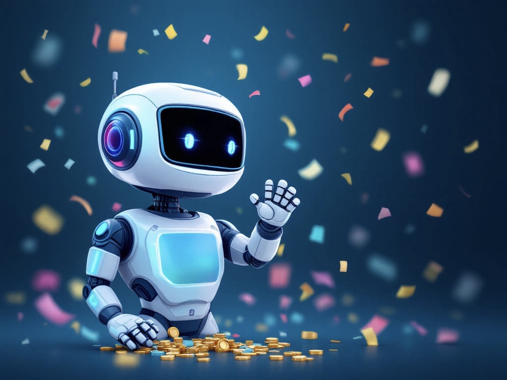A-friendly-chatbot-character-celebrating-a-successful-sale-with-confetti-and-digital-elements-around-without-text